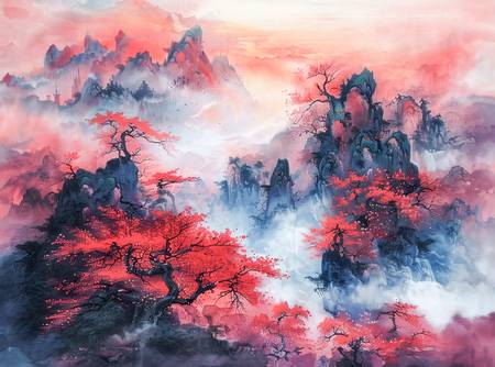 Chinese berglandschap in de herfst. Rode esdoornbomen.