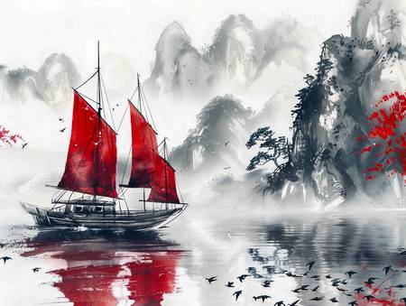 Chinees boot op zee met bergen