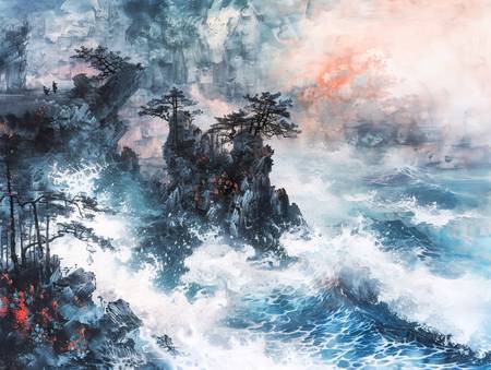 De zee breekt tegen de Chinese bergen.