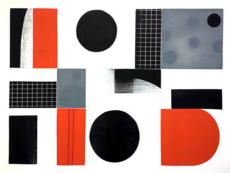 Geometrische Abstractie in Rood, Wit en Zwart: Linosnede met Cirkels en Vierkanten