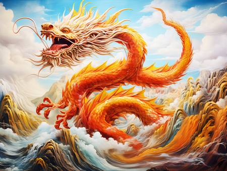 Gouden Chinese draak boven zee en bergen. Jaar van de draak.