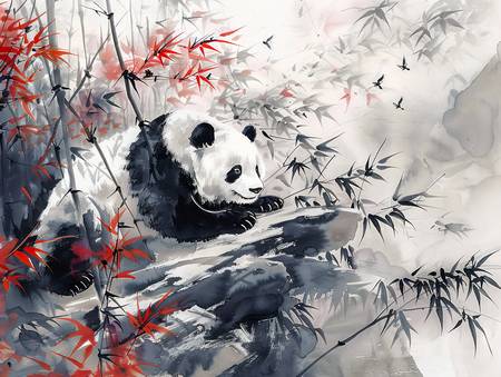 China. Grote panda rust uit in het bamboebos