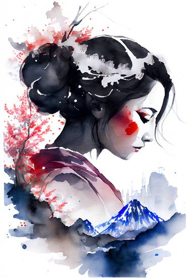 Japanse geisha met de bloesemtak van de sakurakers en berg Fuji. waterverf