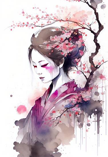 Japanse kersenbloesem. Portret van een geisha in de lente.