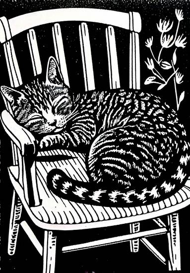 Kat slaapt op tuinstoel. linodruk