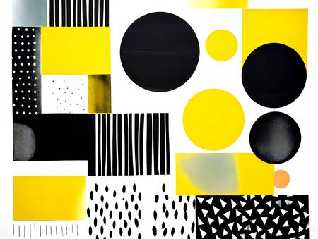 Contrasterende Abstractie: Gele, Zwarte en Witte Cirkels en Vierkanten in Geometrische Linosnedeiere