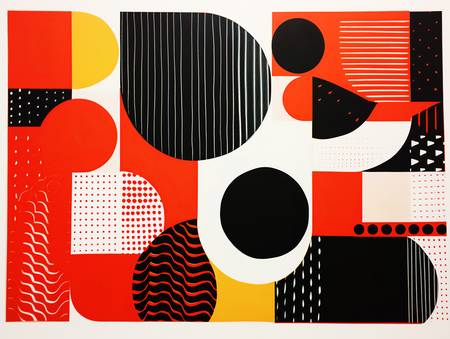 Levendige Contrasten: Abstracte Patronen van Zwarte, Gele en Rode Vierkanten en Cirkels