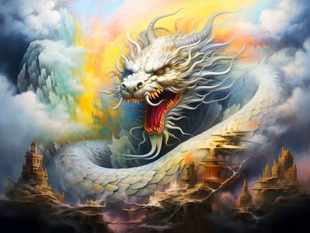 Magische drakenvlucht over de mistige zee. Jaar van de Draak met Chinese draak.