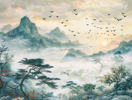 Ochtendzon over de bergen van China. Vogelzwerm.