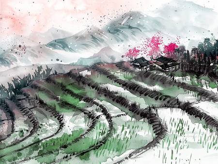 Rijstterrassen in China. Inkttekening.