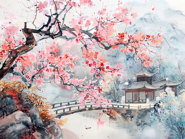Tijd van de kersenbloesems in China met tempel en brug over water van Anja Frost