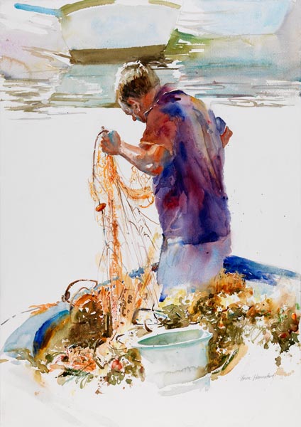 Sicilian Fisherman and net van Anne Hannaford 