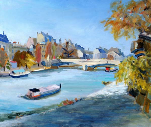 Barge sailing down the river Seine in Paris (oil on canvas)  van Anne  Durham