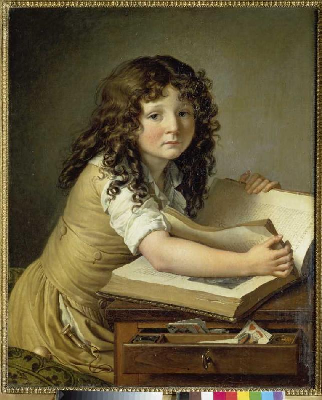 Junges Mädchen beim Betrachten eines Bilderbuches. van Anne-Louis Girodet de Roucy-Trioson