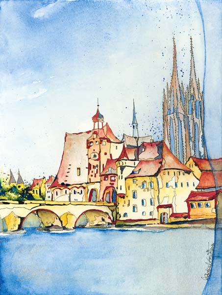 Deutschland, Regensburg: Altstadt mit Brücke. van Annette Bartusch-Goger