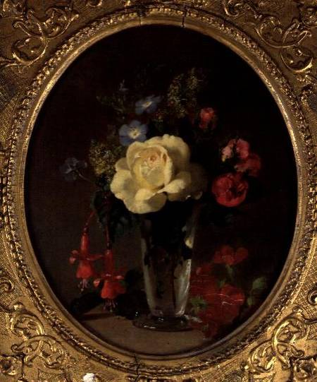Still Life of a Yellow Rose, Mignonette and Fuchsias van Annie Feray Mutrie