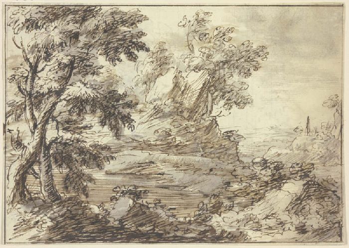 Bäume, im Vordergrund ein Fluss und Figuren, von denen eine in einem Boot steht van Anonym