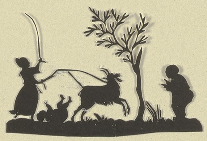 Ein Hirtenpaar mit Kind und Ziege unter einem Baum van Anonym