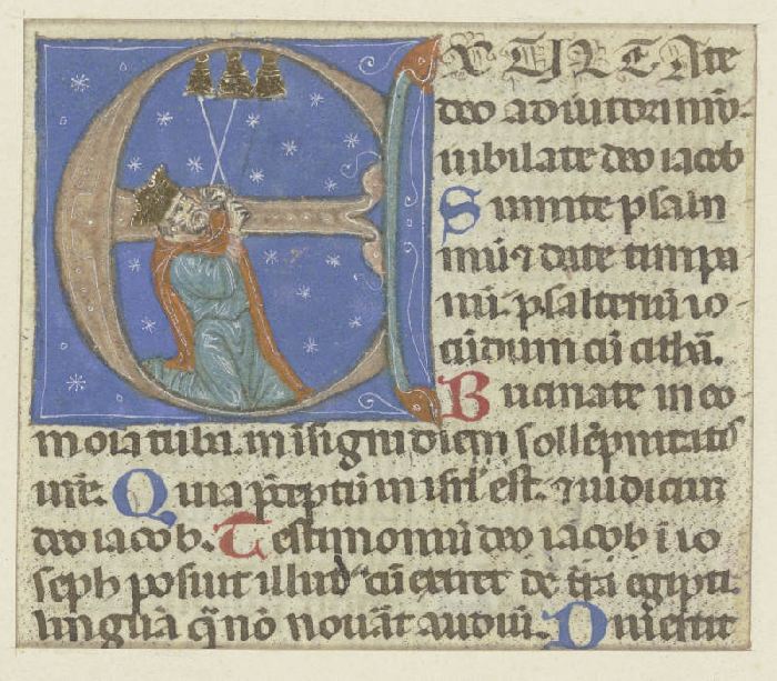 Initiale E: Darin ein kniender Mann mit Krone, drei Glocken läutend (verso Textfragment) van Anonym
