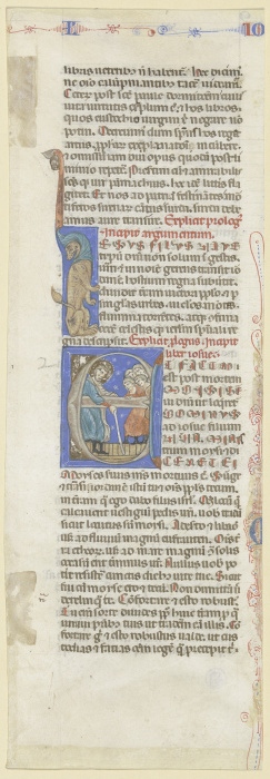 Initiale E: Ein nimbierter bärtiger Mann mit Stab belehrt eine Schar von Jünglingen (verso Textfragm van Anonym