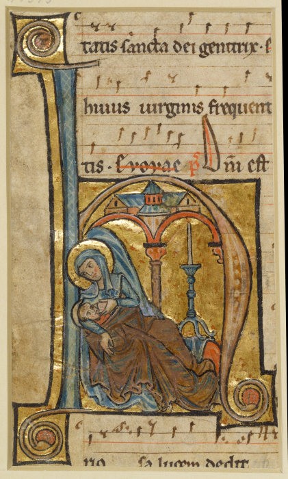 Initiale H: Maria gibt dem Jesuskind die Brust van Anonym