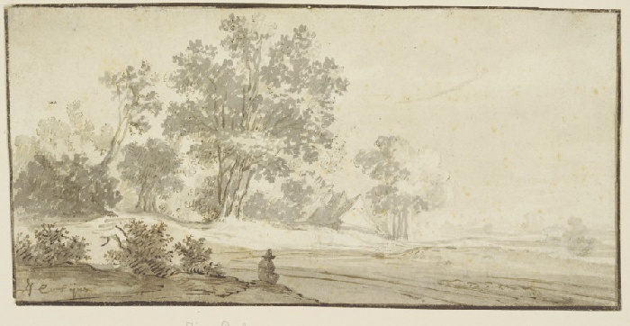 Landschaft mit Bäumen, vorne sitzt ein Mann van Anonym