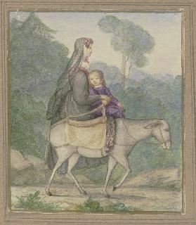 Mutter und Kind, auf einem Esel reitend