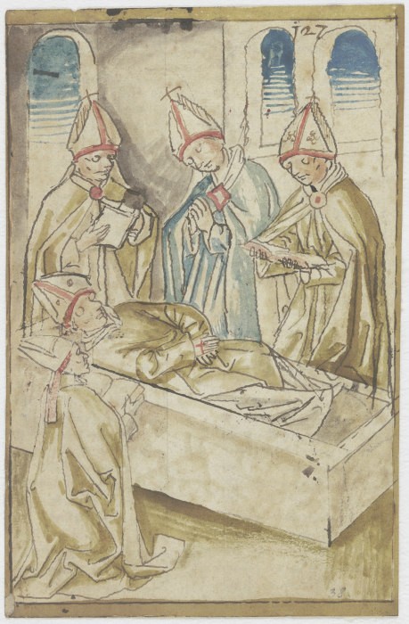 Vier Geistliche, betend um einen Sarg stehend (Der Tod des Heiligen Ulrich) van Anonym