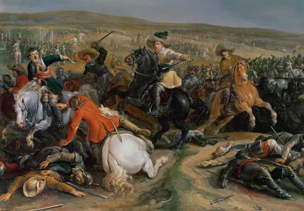 Gustavus II Adolphus, King of Sweden (1595-1632) leading a cavalry charge at the Battle of Lutzen van Anoniem