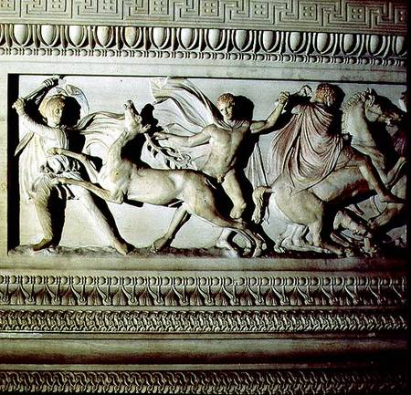 Alexander Sarcophagusdetail of frieze depicting two men killing a deer van Anoniem