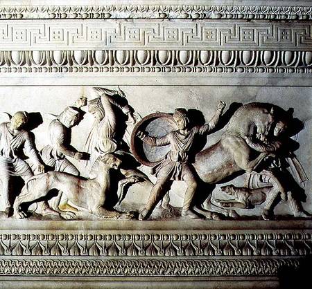 Alexander Sarcophagusdetail of soldiers attacking a lion van Anoniem
