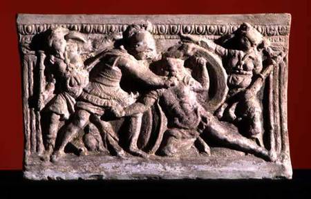 Battle scene from a cinerary urn Etruscan van Anoniem