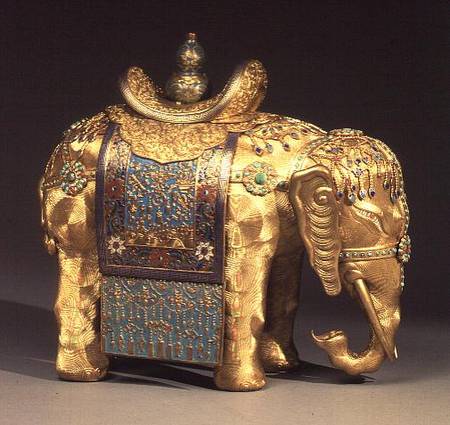 Chinese gilt-bronze figure of an elephant, with enamel trappings and coral and turquoise cabochons, van Anoniem