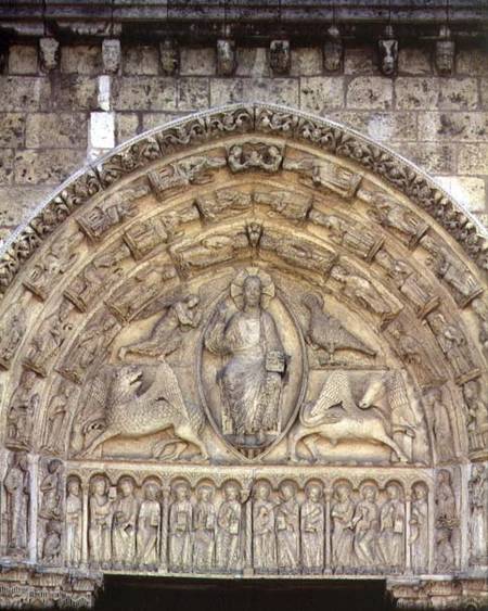 Christ in Majesty with the Evangelist Symbols and Apostles, tympanum, central door of the Royal Port van Anoniem