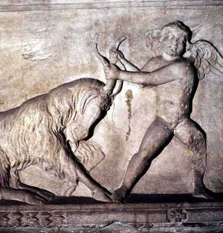 Detail from a Greek sarcophagus from Lydia depicting a putto wrestling with a goat van Anoniem