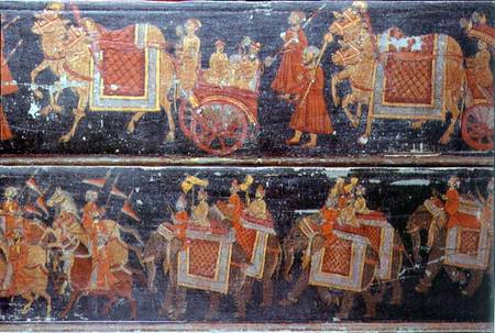 Detail from two painted wood panels depicting processions with soldiers, carriages, oxen and elephan van Anoniem