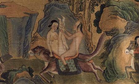 Erotic depiction of lovers; the woman whipping the horse that they sit on into a fast gallop, from a van Anoniem