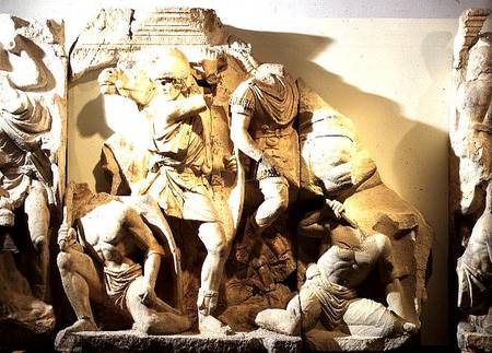 Frieze detail of a battle scenewith Roman footsoldiers and cavalry from Ephesus van Anoniem