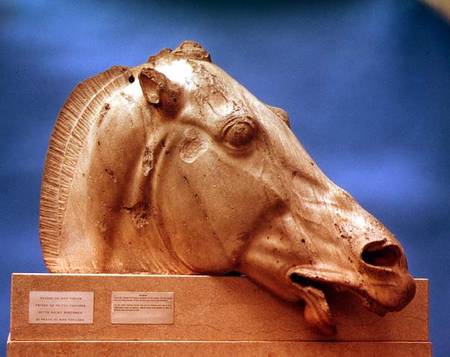 Head of one of the horses of Selene, goddess of the moon,from the east pediment of the Parthenon van Anoniem