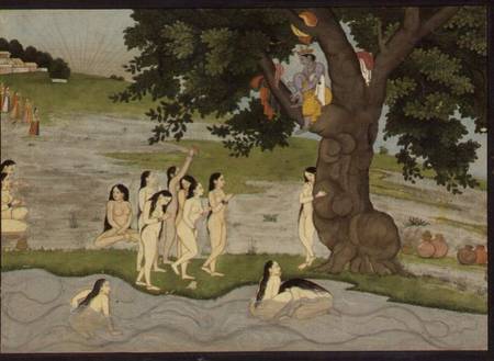 Krishna steals the clothes of Gopies, from the 'Bhagavata purana', Kangra, Himachal Pradesh, Pahari van Anoniem