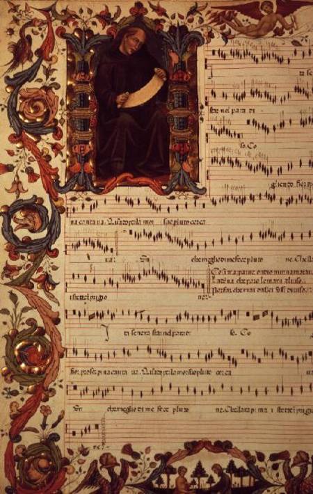 Ms Med. Pal. 87 Page of Musical Notation with historiated initial van Anoniem