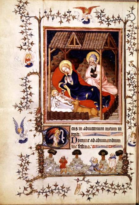 Nouv Lat 3093 f.42 Nativity and Visitation of the shepherds from Duc de Berry's Tres Belle Heures van Anoniem