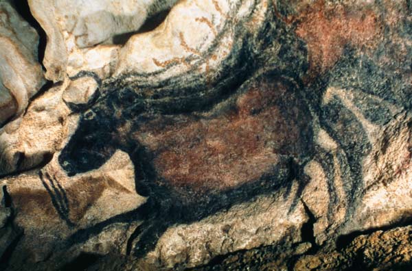 Rock painting of a black bull van Anoniem