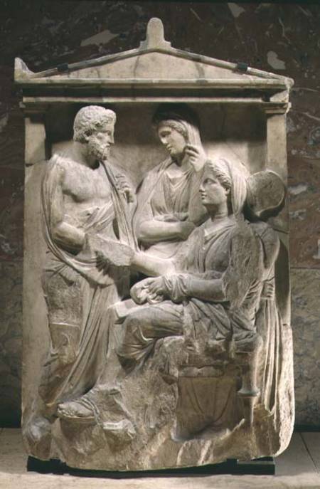 Phainippos and Mnesarete gravestone showing family reunion and hand-shake, Classical Greek van Anoniem