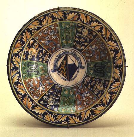 Plate, with conjugal coat of arms of a widow, from the workshop of Antoine Sigalon (1524-90),Nimes van Anoniem