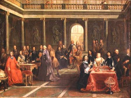 Queen Christina of Sweden (1626-89) surrounded by courtiers and men of learning van Anoniem