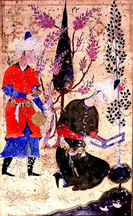 A seated prince reading whilst a servant serves wine, Persian, Bokhara School van Anoniem
