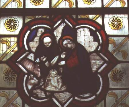 Stained glass windowdetail of a Nativity scene van Anoniem