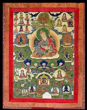 1952/3 Thangka of Padmasambhava with thirty-one major and several minor Figures depicting Padmasambh