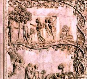 Bas-relief panel depicting scenes from Genesisfrom the lower facade